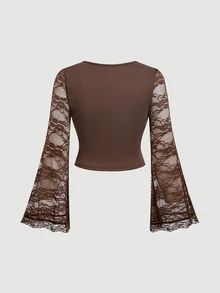 SHEIN MOD Plus Size Women Romantic Lace Sleeve Patchwork Ruched Waist Top, Side Ruched Tie Fishtail Skirt. Elegant Outfit, Party, Afternoon Tea, Event Fall - Coffee Brown - View 7