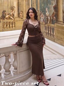 SHEIN MOD Plus Size Women Romantic Lace Sleeve Patchwork Ruched Waist Top, Side Ruched Tie Fishtail Skirt. Elegant Outfit, Party, Afternoon Tea, Event Fall - Coffee Brown - View 10