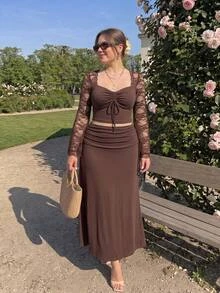 SHEIN MOD Plus Size Women Romantic Lace Sleeve Patchwork Ruched Waist Top, Side Ruched Tie Fishtail Skirt. Elegant Outfit, Party, Afternoon Tea, Event Fall - Coffee Brown - View 1