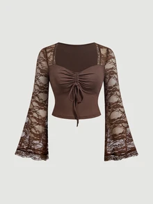 SHEIN MOD Plus Size Women Romantic Lace Sleeve Patchwork Ruched Waist Top, Side Ruched Tie Fishtail Skirt. Elegant Outfit, Party, Afternoon Tea, Event Fall - Coffee Brown - View 6
