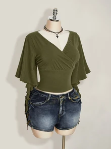 SHEIN ICON 女款V領疊層設計短袖荷葉邊T恤 - 軍綠色 - 查看 7