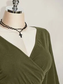 SHEIN ICON 女款V領疊層設計短袖荷葉邊T恤 - 軍綠色 - 查看 8