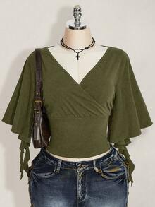 SHEIN ICON 女款V領疊層設計短袖荷葉邊T恤 - 軍綠色 - 查看 11