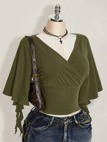SHEIN ICON 女款V領疊層設計短袖荷葉邊T恤 - 軍綠色 - 查看 3