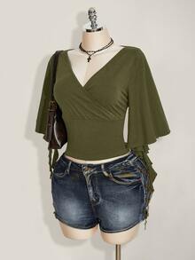 SHEIN ICON 女款V領疊層設計短袖荷葉邊T恤 - 軍綠色 - 查看 5