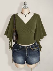 SHEIN ICON 女款V領疊層設計短袖荷葉邊T恤 - 軍綠色 - 查看 10