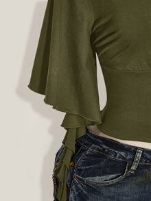 SHEIN ICON 女款V領疊層設計短袖荷葉邊T恤 - 軍綠色 - 查看 9