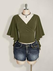 SHEIN ICON 女款V領疊層設計短袖荷葉邊T恤 - 軍綠色 - 查看 6