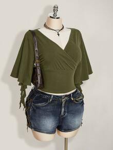 SHEIN ICON 女款V領疊層設計短袖荷葉邊T恤 - 軍綠色 - 查看 4