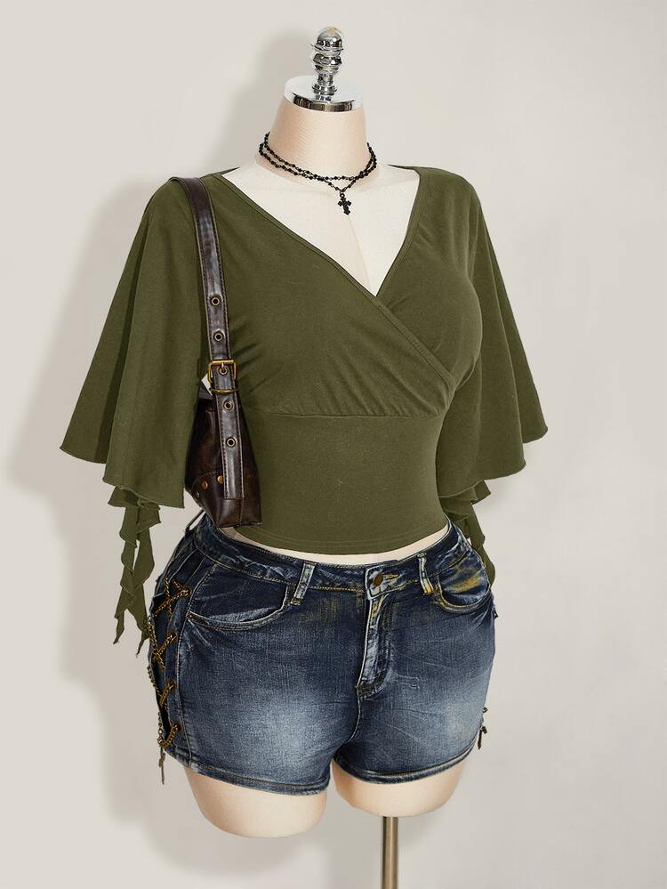 SHEIN ICON Women's V-Neck Overlap Design Short Sleeve Ruffle T-Shirt Vacation Olive Green Summer Casual Vintage 1950s Night Out Everyday - Army Green - View 4
