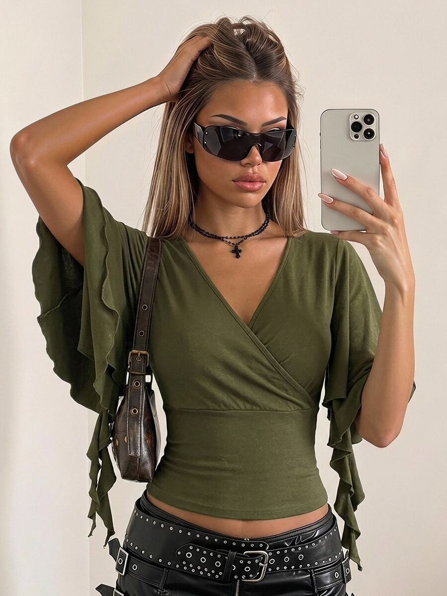 SHEIN ICON 女款V領疊層設計短袖荷葉邊T恤 - 軍綠色 - 查看 1