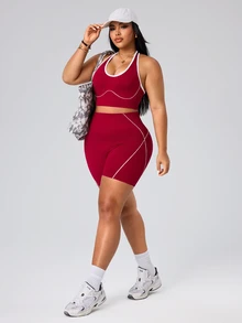 SHEIN Rhythm Era Seamless High Elastic Women Plus Size Colorblock Halter Neck Top And Shorts Casual Daily Sports Set - Burgundy - View 4