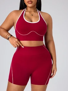 SHEIN Rhythm Era Seamless High Elastic Women Plus Size Colorblock Halter Neck Top And Shorts Casual Daily Sports Set - Burgundy - View 5