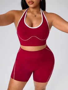 SHEIN Rhythm Era Seamless High Elastic Women Plus Size Colorblock Halter Neck Top And Shorts Casual Daily Sports Set - Burgundy - View 8
