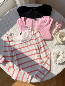 Comfortcana 女款方領長袖休閒百搭T恤（3件組） - 彩色 - 查看 3