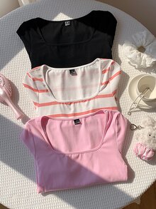 Comfortcana 女款方領長袖休閒百搭T恤（3件組） - 彩色 - 查看 1