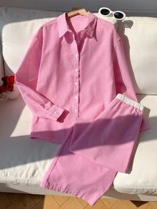 Comfortcana 女款條紋長袖上衣與長褲休閒日常兩件套 - 粉色 - 查看 5