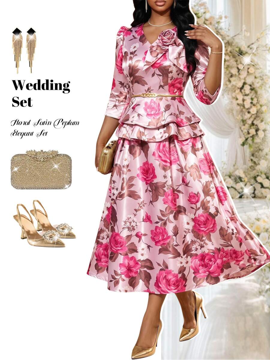 Fleurora Plus Size Elegant Party Floral Print Top And Skirt 2-Piece Set Fall - Multicolor - View 1