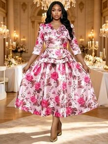 Fleurora Plus Size Elegant Party Floral Print Top And Skirt 2-Piece Set Fall - Multicolor - View 5