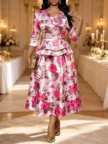 Fleurora Plus Size Elegant Party Floral Print Top And Skirt 2-Piece Set Fall - Multicolor - View 4