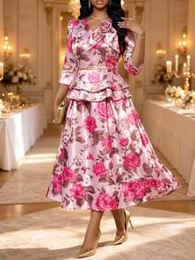 Fleurora Plus Size Elegant Party Floral Print Top And Skirt 2-Piece Set Fall - Multicolor - View 6