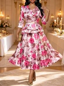 Fleurora Plus Size Elegant Party Floral Print Top And Skirt 2-Piece Set Fall - Multicolor - View 2