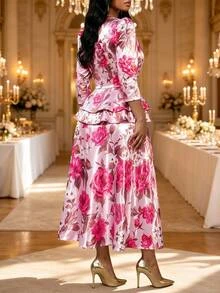 Fleurora Plus Size Elegant Party Floral Print Top And Skirt 2-Piece Set Fall - Multicolor - View 3