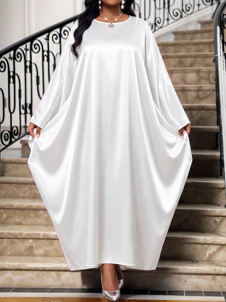 Fleurora Plus Size Women Solid Color Round Neck Batwing Sleeve Loose Fit Dress White Dress Elegant Dresses For Women Casual Dresses Saudi National Day - White - View 5