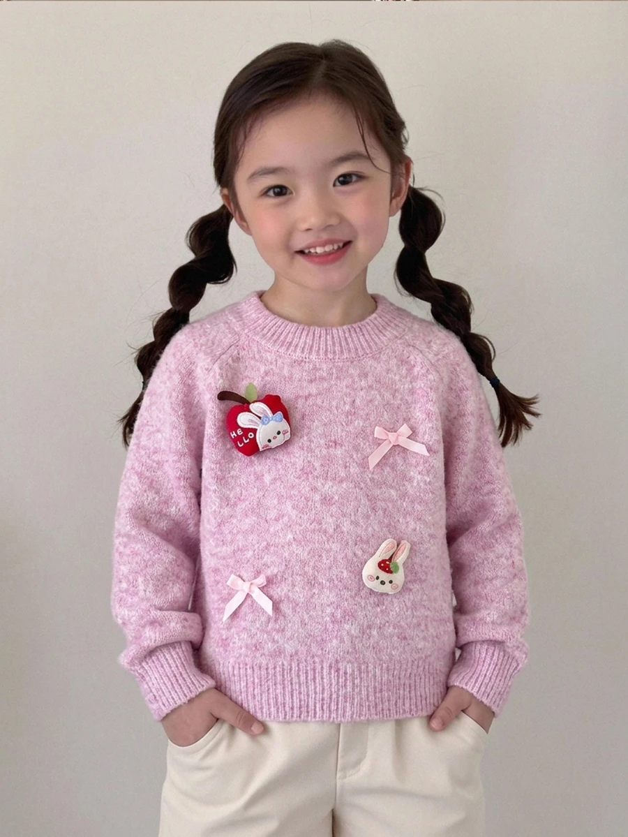 SHEIN 女童鴨子刺繡可愛簡約日常針織套頭毛衣 - 粉色 - 查看 1