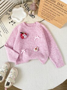 SHEIN 女童鴨子刺繡可愛簡約日常針織套頭毛衣 - 粉色 - 查看 2