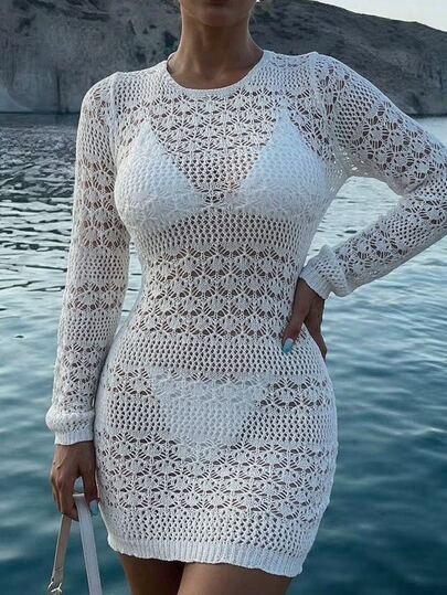 Swim SXY Summer Beach Hollow Out Knitted Cover Up Dress With Back Tie