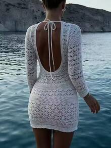 SHEIN Swim ثوب كاشف محبوك مجوف ، مع ربطة خلفية - أبيض - مشاهدة 3