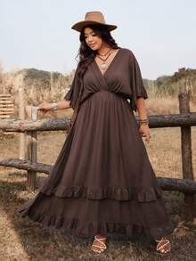 Ceyna Plus Size Women Casual Elegant Vacation Tie Front Dress, Versatile For Spring Summer Brunch Vacation Brown - Coffee Brown - View 5