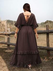 Ceyna Plus Size Women Casual Elegant Vacation Tie Front Dress, Versatile For Spring Summer Brunch Vacation Brown - Coffee Brown - View 2