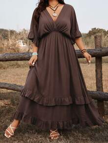 Ceyna Plus Size Women Casual Elegant Vacation Tie Front Dress, Versatile For Spring Summer Brunch Vacation Brown - Coffee Brown - View 7