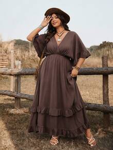Ceyna Plus Size Women Casual Elegant Vacation Tie Front Dress, Versatile For Spring Summer Brunch Vacation Brown - Coffee Brown - View 4