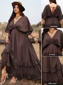 Ceyna Plus Size Women Casual Elegant Vacation Tie Front Dress, Versatile For Spring Summer Brunch Vacation Brown - Coffee Brown - View 1