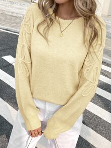 Serisse 女款圓領純色休閒浪漫百搭日常穿著長袖毛衣 早午餐 淡黃色 秋季 - 淡黃色 - 查看 4