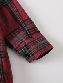 小男孩聖誕紅色格紋鈕扣襯衫，長袖疊穿上衣，適合節日、秋季與冬季 - 酒紅色 - 查看 5