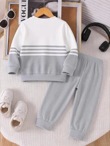 2pcs/Set Young Boy Casual Fashion Comfortable Sweatshirt Set, Digital Print Pattern, Long Sleeve Top, Outfit, Autumn/Winter Wear, Grey And White Crew Neck Sweatshirt And Sweatpants Set - Multicolor - View 3
