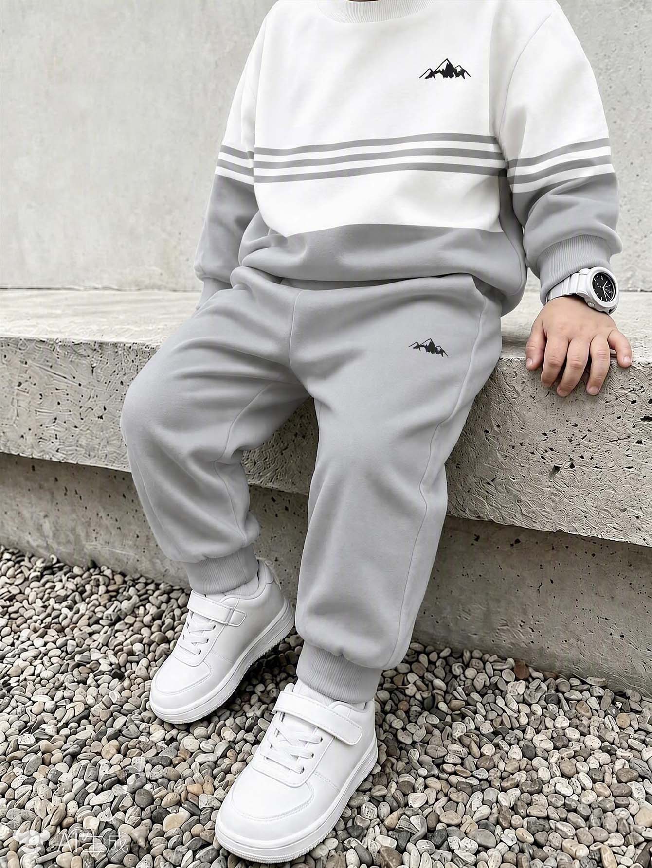 2pcs/Set Young Boy Casual Fashion Comfortable Sweatshirt Set, Digital Print Pattern, Long Sleeve Top, Outfit, Autumn/Winter Wear, Grey And White Crew Neck Sweatshirt And Sweatpants Set - Multicolor - View 1