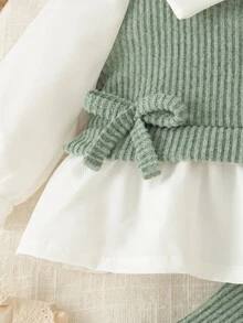 SHEIN 2pcs/Set Newborn Baby Girls Casual Outfit, Collared Color Block Long Sleeve Top And Loose Knit Pants Set - Green - View 8