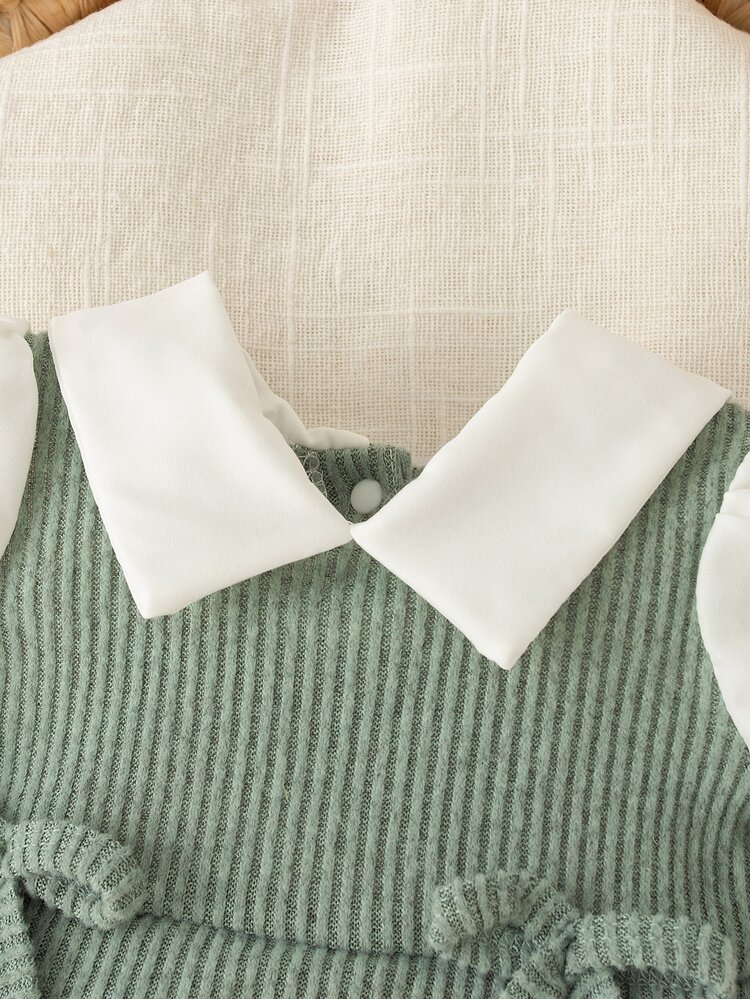 SHEIN 2pcs/Set Newborn Baby Girls Casual Outfit, Collared Color Block Long Sleeve Top And Loose Knit Pants Set - Green - View 4