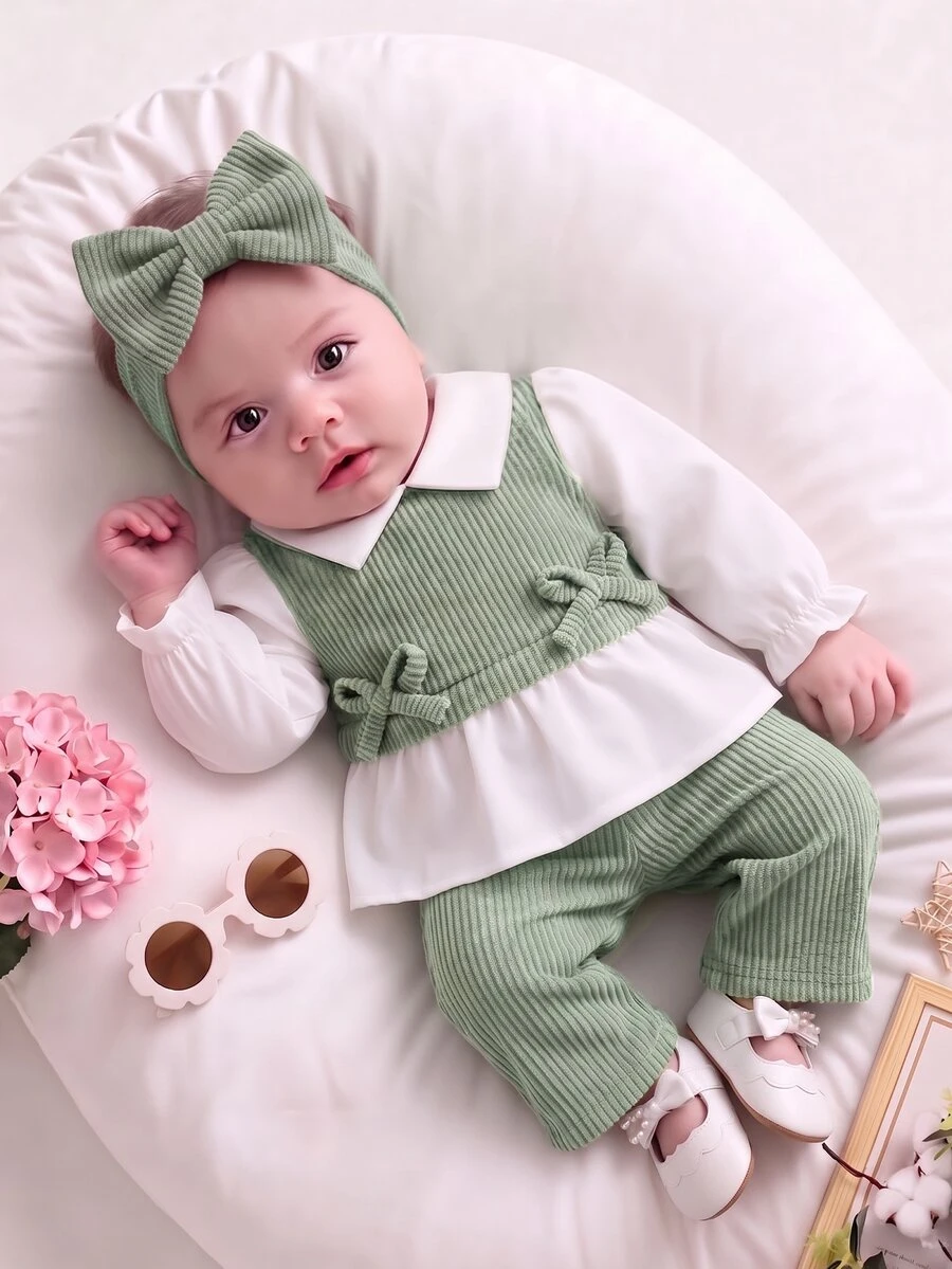 SHEIN 2pcs/Set Newborn Baby Girls Casual Outfit, Collared Color Block Long Sleeve Top And Loose Knit Pants Set - Green - View 1