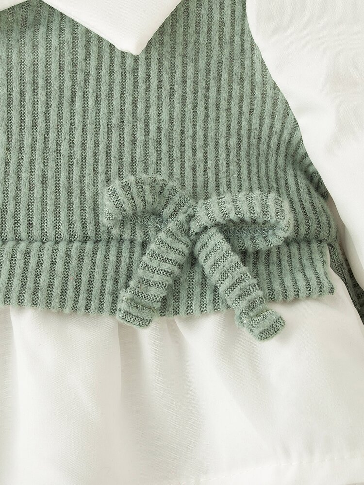 SHEIN 2pcs/Set Newborn Baby Girls Casual Outfit, Collared Color Block Long Sleeve Top And Loose Knit Pants Set - Green - View 5