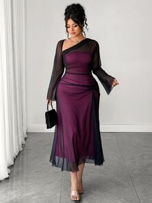 Elenzga Plus Size Elegant Sexy Asymmetrical Neckline Mesh Dress Fall Wedding Cocktail Party Dark Purple - Hot Pink - View 7