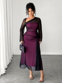 Elenzga Plus Size Elegant Sexy Asymmetrical Neckline Mesh Dress Fall Wedding Cocktail Party Dark Purple - Hot Pink - View 5