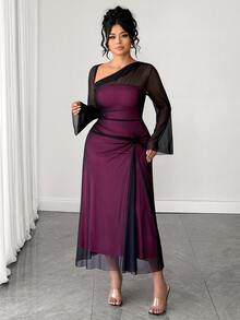 Elenzga Plus Size Elegant Sexy Asymmetrical Neckline Mesh Dress Fall Wedding Cocktail Party Dark Purple - Hot Pink - View 8