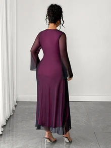 Elenzga Plus Size Elegant Sexy Asymmetrical Neckline Mesh Dress Fall Wedding Cocktail Party Dark Purple - Hot Pink - View 2
