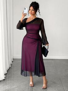 Elenzga Plus Size Elegant Sexy Asymmetrical Neckline Mesh Dress Fall Wedding Cocktail Party Dark Purple - Hot Pink - View 6